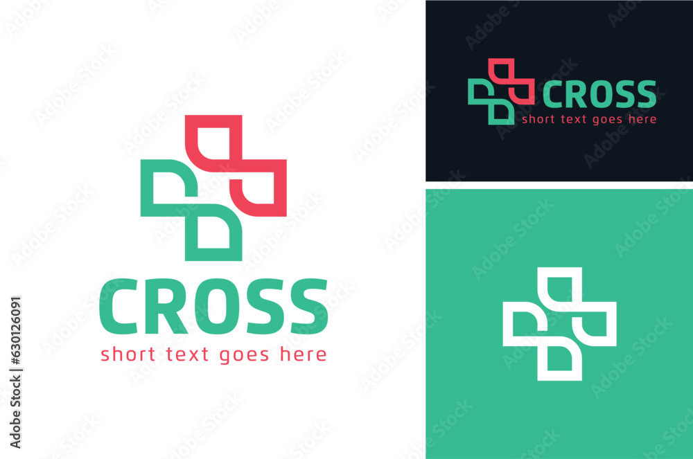 Folded Ribbon Cross Plus Sign for Emergency Aid Hospital Pharmacy or Health Care Clinic logo design Folded Ribbon Cross Plus Sign for Emergency Aid Hospital Pharmacy or Health Care Clinic logo design