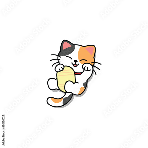 Maneki neko kawaii lucky cat three color lying belly up cartoon, vector illustration