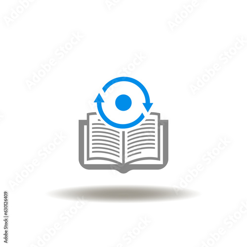 Vector illustration of book and round sign of process. Icon of book exchange. Symbol of reading, learning, education.