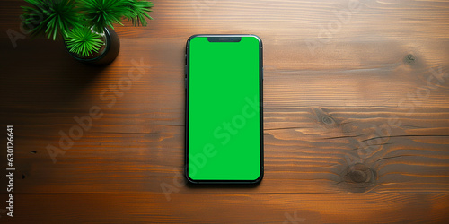 mockup mobile phone with green screen on wooden table top view layout