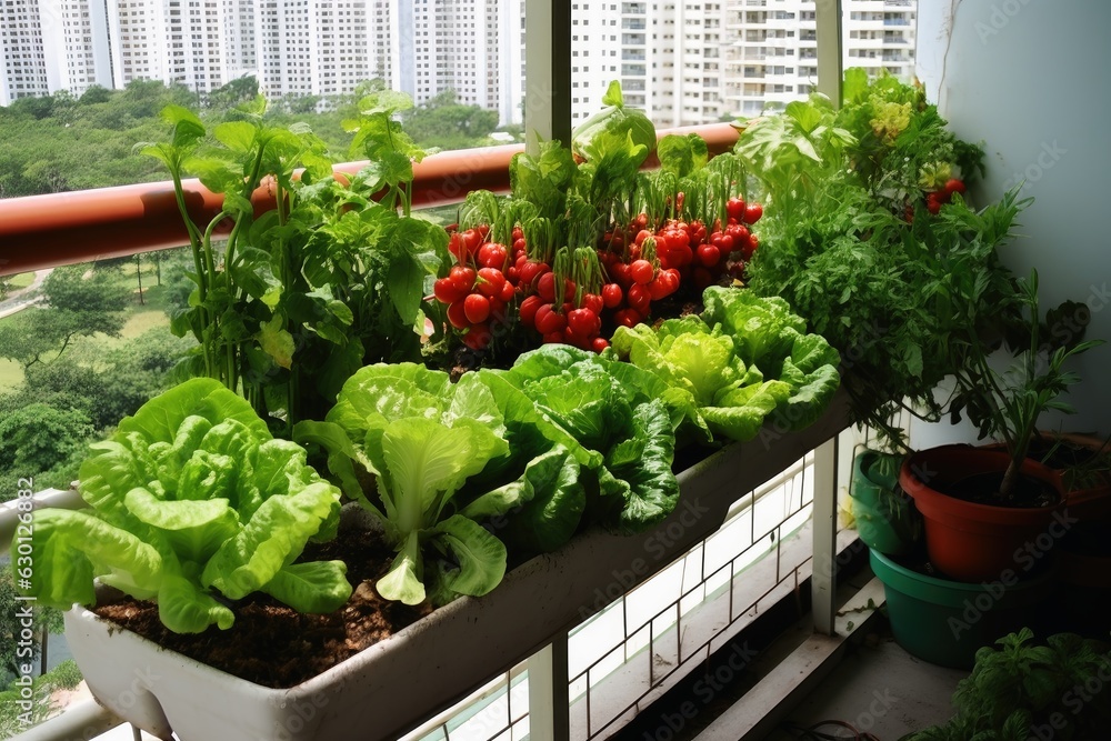 A vegetable garden on a balcony in the big city. - obrazy, fototapety, plakaty 