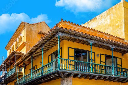 Columbia, Unesco site, colorful Cartagena Walled City Cuidad Amurrallada in historic city center.