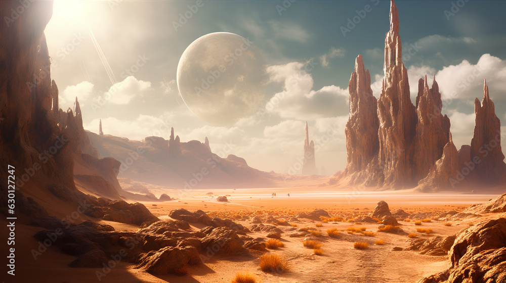image of an alien planet desert with rocks in the background, in the style of sci-fi landscapes - Generative AI - obrazy, fototapety, plakaty 