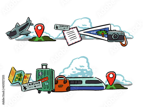 旅行　トラベルの手描き風イラスト　横並びラインセット