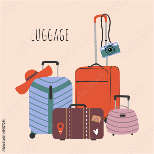 Vector set of various suitcases, luggage. Set for vacation, travel in flat style. Beautiful illustration, poster, banner, postcard. 