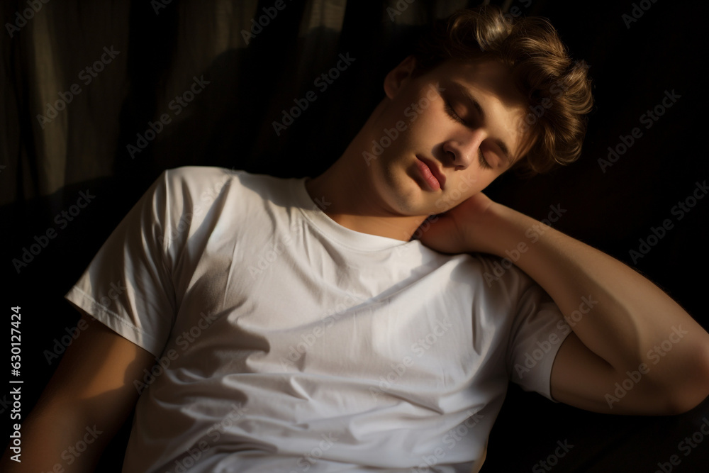 portrait of a young man with white t-shirt sleeping peacefully. High quality photo