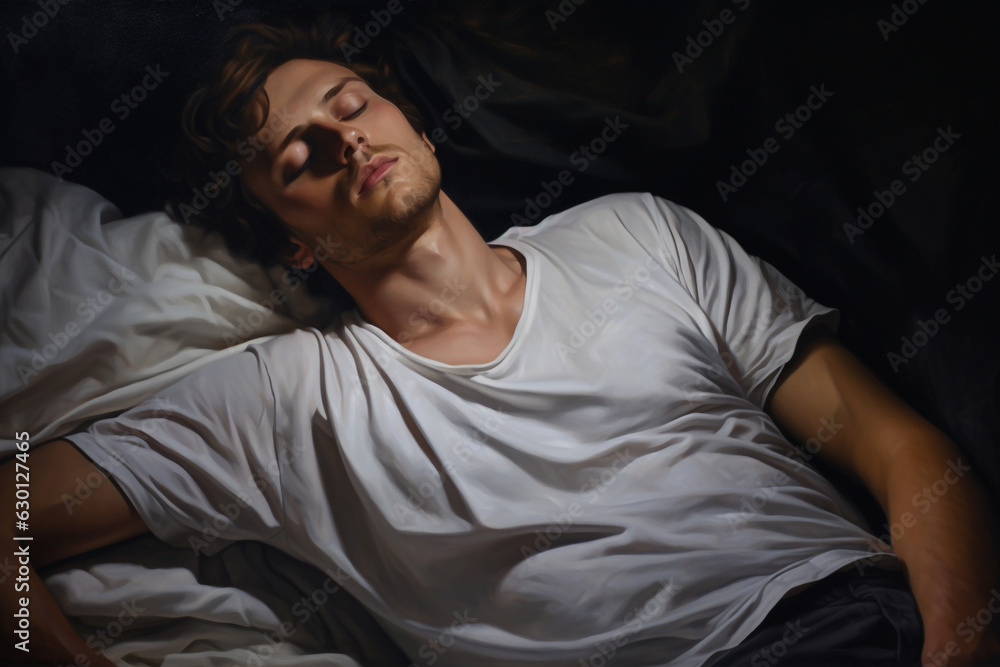 portrait of a young man with white t-shirt sleeping peacefully. High quality photo