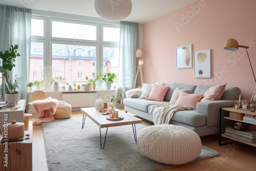 Open, cozy and spacious apartment in pastel colors in Scandinavian style