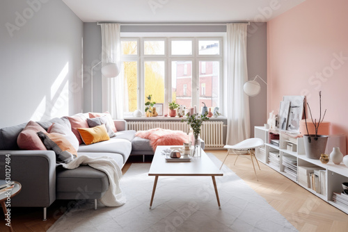 Open  cozy and spacious apartment in pastel colors in Scandinavian style