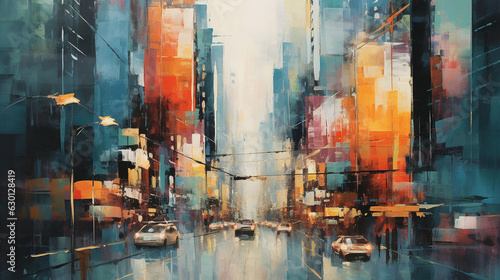 Watercolor painting of abstract cityscape, urban, people, and skyscraper scenes. Digital art illustration.