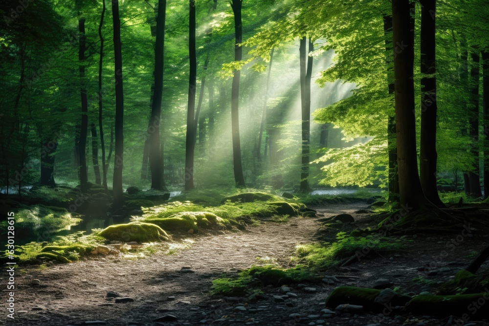 Obraz premium Dappled sunlight texture background, sun rays filtering through leaves, natural forest shadows backdrop, serene and enchanting.