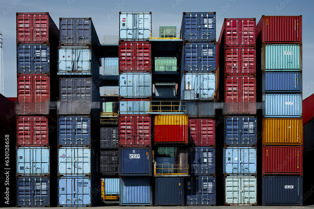 Fototapeta premium Harbor Symphony: A Piled Ensemble of Cargo Containers, Echoing the Global Trade Network, ai generative