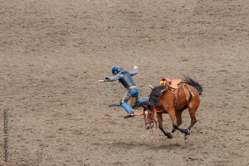 A cowboy has been bucked on his bucking bronco and is flying in the air. The horse has all 4 legs off the ground is about ready to run into the cowboy.