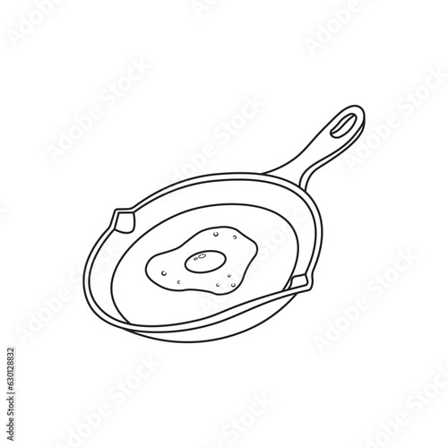 Hand drawn Kids drawing Cartoon Vector illustration frying pan with fried egg Isolated on White Background