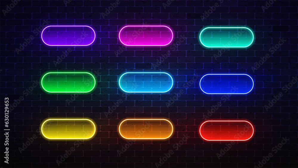 Neon button icon set. Glowing frames sign. Vector illustration.