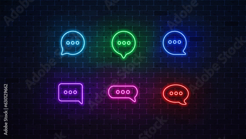 Chat neon icon set. Glowing speech bubble sign. Vector illustration