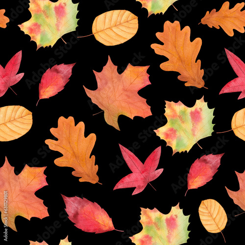 Watercolor Autumn Fall Seamless Pattern. Leaf Pattern. Botanical illustration. October print. Design for tile, backgrounds, fabric, textile, wrapping papper. Autumn leafs. Nature print