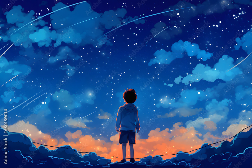 A little boy looks up at a sky full of stars with an orange sunset already fading into the night. Generative AI illustration in cartoon anime style