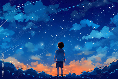 A little boy looks up at a sky full of stars with an orange sunset already fading into the night. Generative AI illustration in cartoon anime style photo