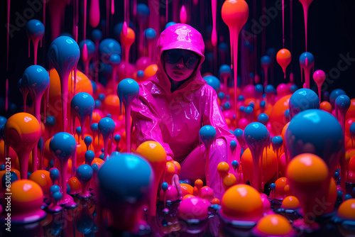 A splash of joy in a vibrant world - A child in a pink raincoat and sunglasses defies gravity amidst thick, colorful paint, embracing the magic of imagination (Generative AI) photo