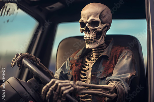 On the road to nowhere - A fearless skeleton takes the wheel of this hauntingly cool truck (Generative AI) photo