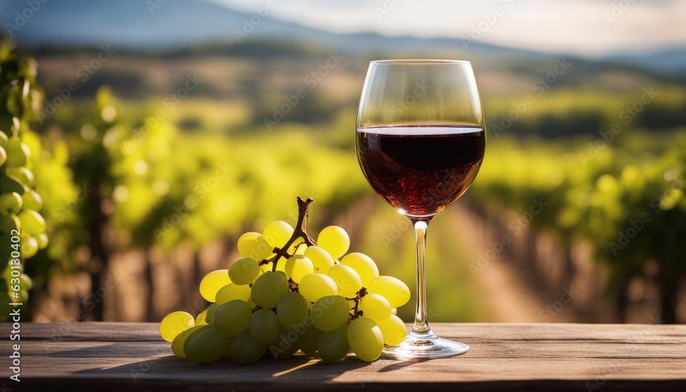 Glass of Wine with Grapes, with a Vineyard in the Background