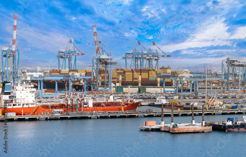 Israel, panoramic view of Haifa industrial port and terminal near downtown and financial center.