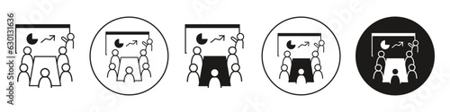presentation symbol icon. Black and white flat outlined vector set collection of business corporate meeting or classroom faculty teaching group of people or student in seminar or workshop. web app ui
