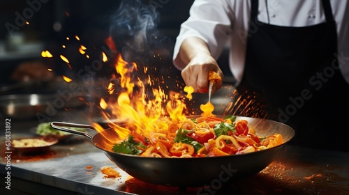 a person mixing food in a wok with flames