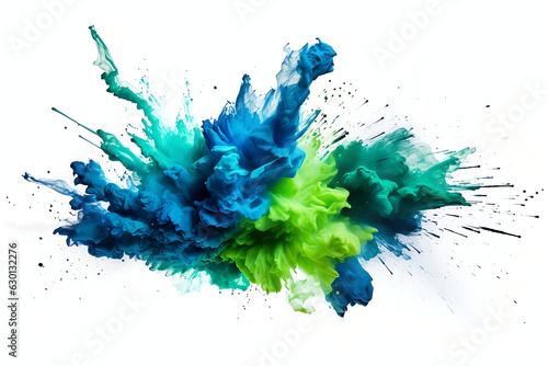 Blue and green color paint splashes smoke cloud isolated on transparent background - Generative AI