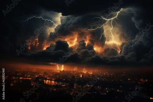 Dark storm clouds gathering over a city skyline, with flashes of lightning illuminating the sky. Generative AI