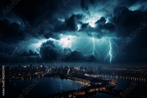 Dark storm clouds gathering over a city skyline  with flashes of lightning illuminating the sky. Generative AI