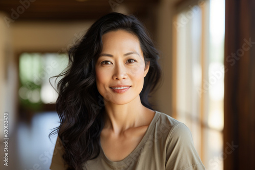 A 40 - year - old Chinese woman, smiling, wearing modern - style clothing, with high - definition facial details, looking sunny and handsome, giving a youthful vibe. Created with AI