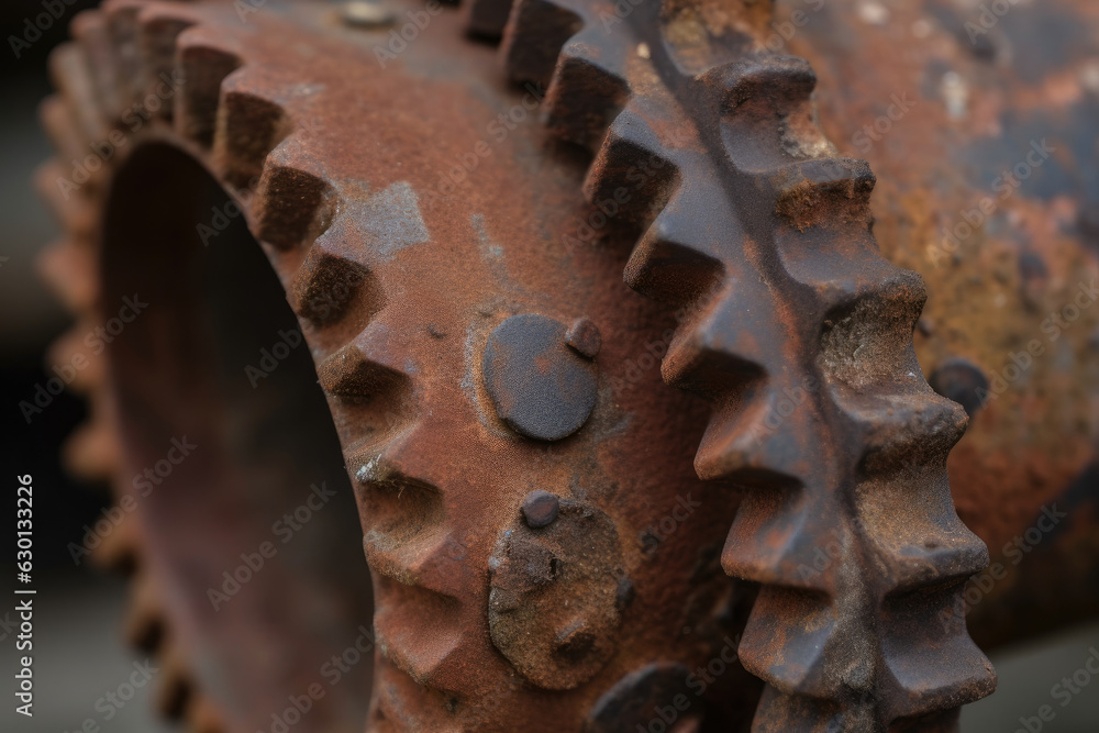 Close-up of a rusted coupling with intricate metal threading and jagged edges, highlighting the wear and tear from years of use Close-up of a rusted coupling with intricate metal threading and jagged edges, highlighting the wear and tear from years of use