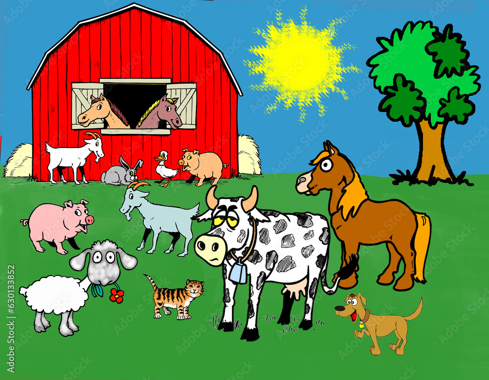 Naklejka premium A group of farm animals have gathered around a red barn - A good child reference for identifying some common animals.