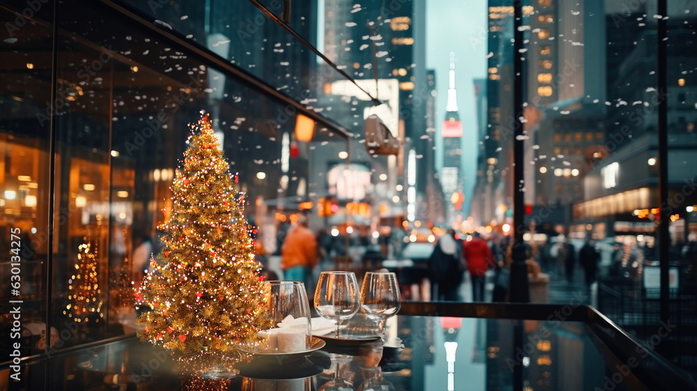 Fototapeta premium Christmas tree on festive city street in New York urban life ,people walk ,car traffic light view from street cafe windows glass reflection on vitrines 