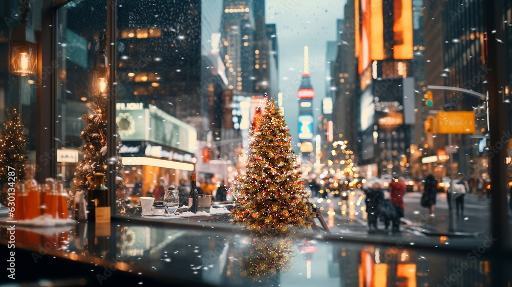 Fototapeta premium Christmas tree on festive city street in New York urban life ,people walk ,car traffic light view from street cafe windows glass reflection on vitrines 