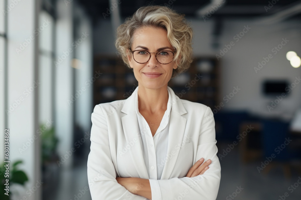 Happy middle aged business woman ceo standing in office arms crossed. Smiling mature confident professional executive manager, proud lawyer, businessman leader wearing white suit. created with AI - obrazy, fototapety, plakaty 