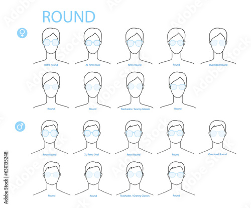 Set of Round frame glasses fashion accessory illustration. Sunglass front view for Men, women, unisex silhouette style, flat rim spectacles eyeglasses with lens sketch style outline isolated on white