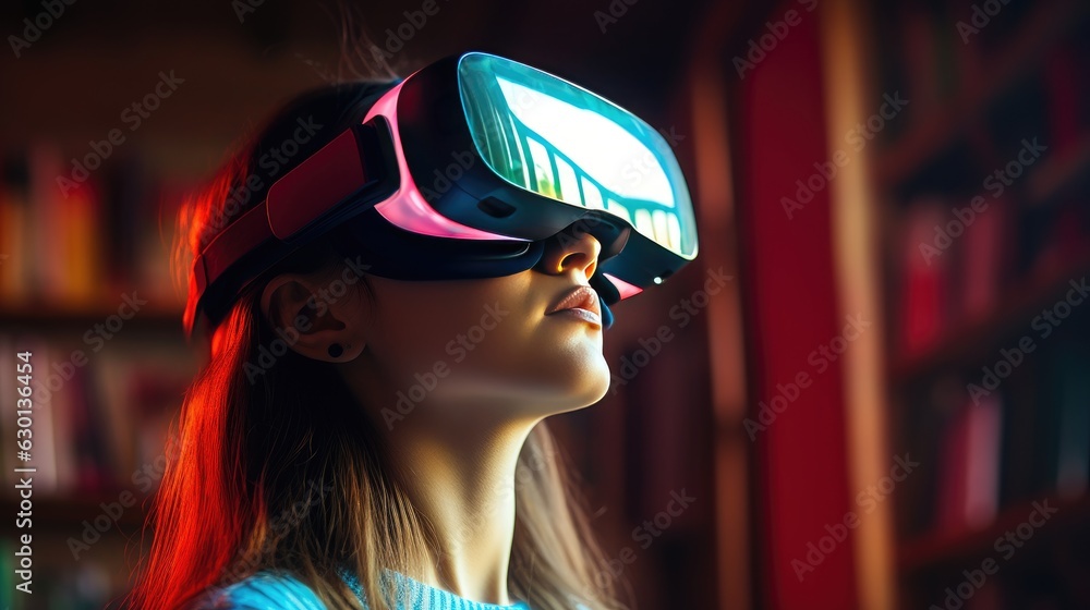 Young woman with VR glasses Generative AI Young woman with VR glasses Generative AI