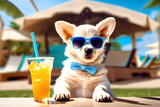 Puppy wearing sunglasses drinking an ice cold drink through a straw in a very hot summer resort.Generative AI