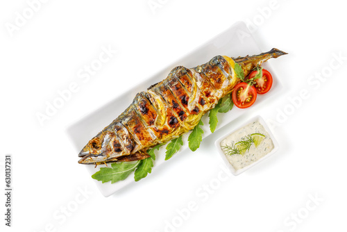 grilled mackerel with lemon and tomato on white background for menu
