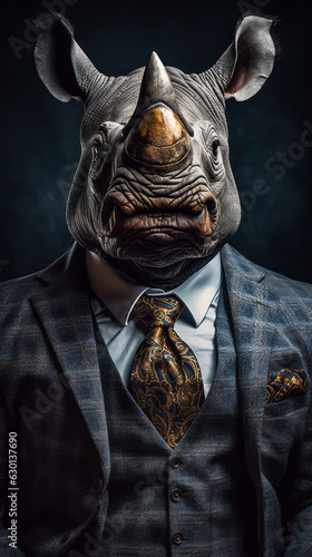Rhinoceros dressed in an elegant suit with a nice tie. Fashion portrait of an anthropomorphic animal, shooted in a charismatic human attitude