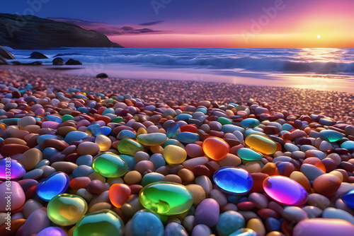 sunset on the beach with sky and glittering pills. Generative AI