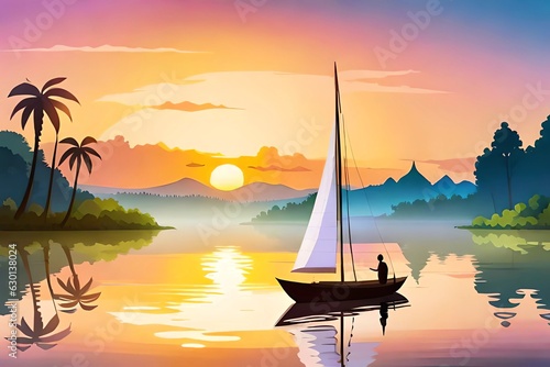 beautiful beach panorama at sunset with flat illustration style, generative Ai art