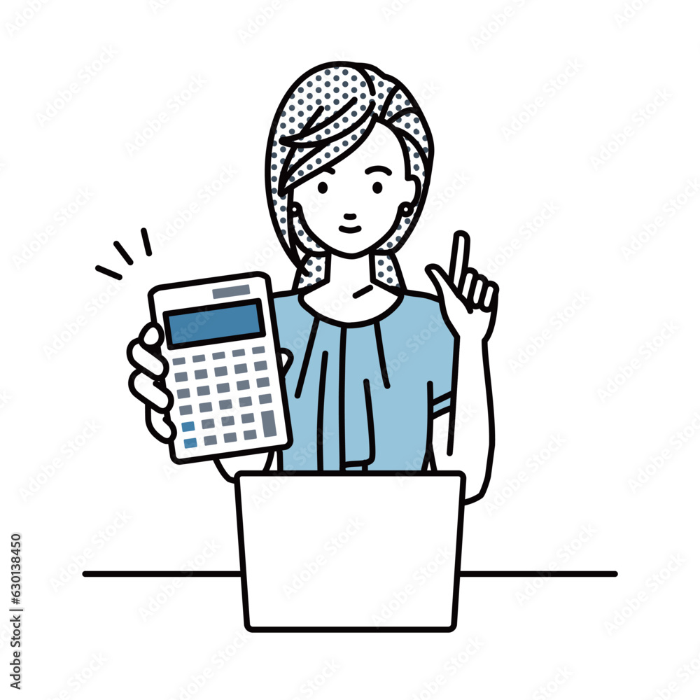 a woman in casual work style recommending, proposing, showing estimates and pointing a calculator with a smile in front of laptop pc a woman in casual work style recommending, proposing, showing estimates and pointing a calculator with a smile in front of laptop pc