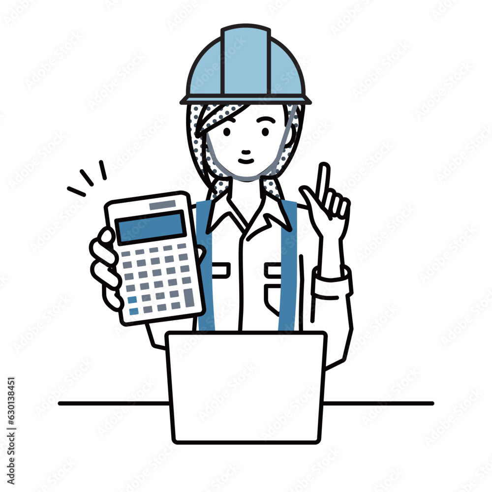 a woman working at construction sites recommending, proposing, showing estimates and pointing a calculator with a smile in front of laptop pc a woman working at construction sites recommending, proposing, showing estimates and pointing a calculator with a smile in front of laptop pc