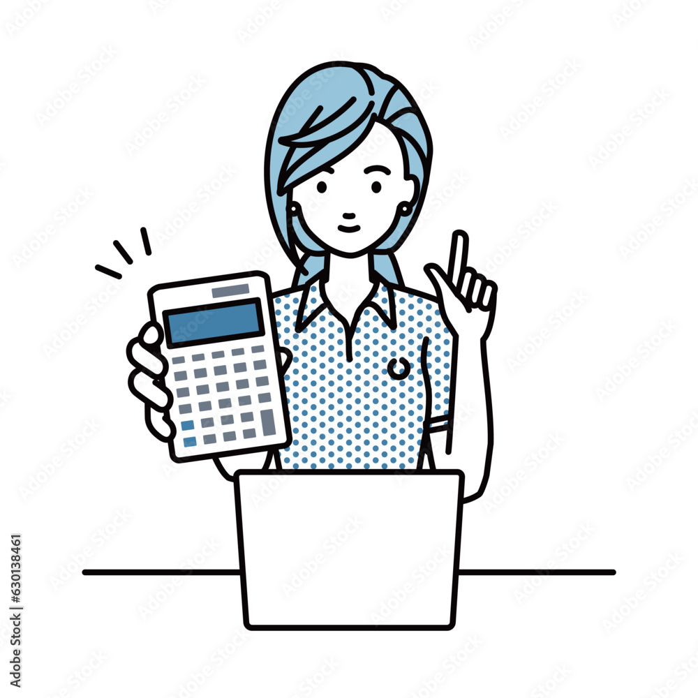 a woman in polo shirt recommending, proposing, showing estimates and pointing a calculator with a smile in front of laptop pc