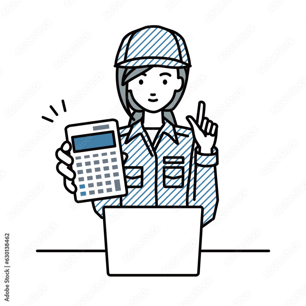 a blue-collar worker woman recommending, proposing, showing estimates and pointing a calculator with a smile in front of laptop pc a blue-collar worker woman recommending, proposing, showing estimates and pointing a calculator with a smile in front of laptop pc