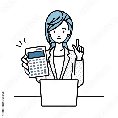 a woman in business suit style recommending, proposing, showing estimates and pointing a calculator with a smile in front of laptop pc